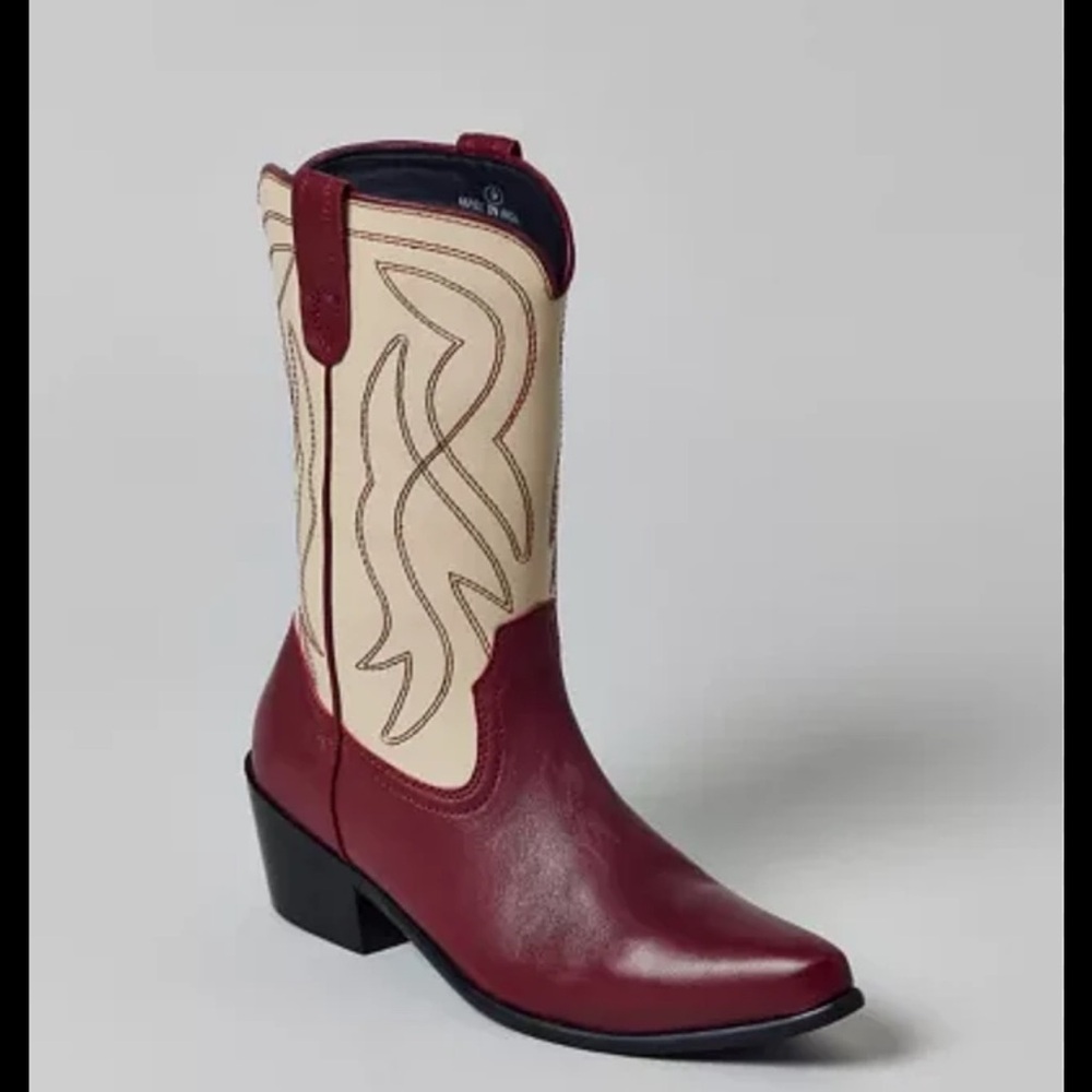 UO Leena Two-Tone Cowboy Boot with a red and cream design